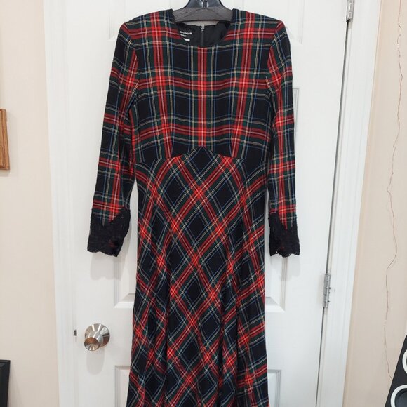 Vintage Donna Morgan Plaid Tartan Maxi Dress Black Lace Cuffs Velvet Buttons Sz8 - Picture 1 of 9